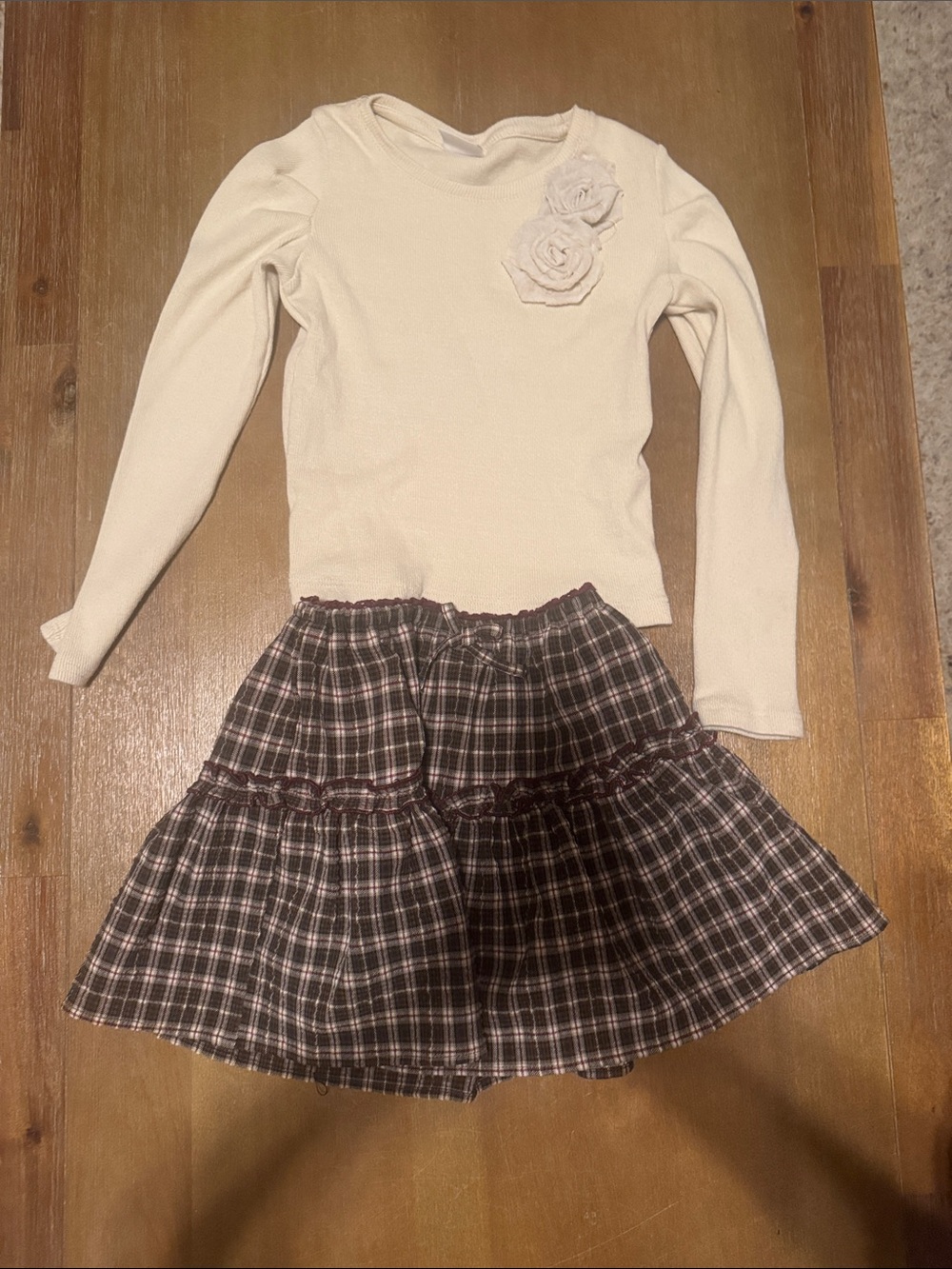 Zara Cream Top with Brown Plaid Tiered Skirt